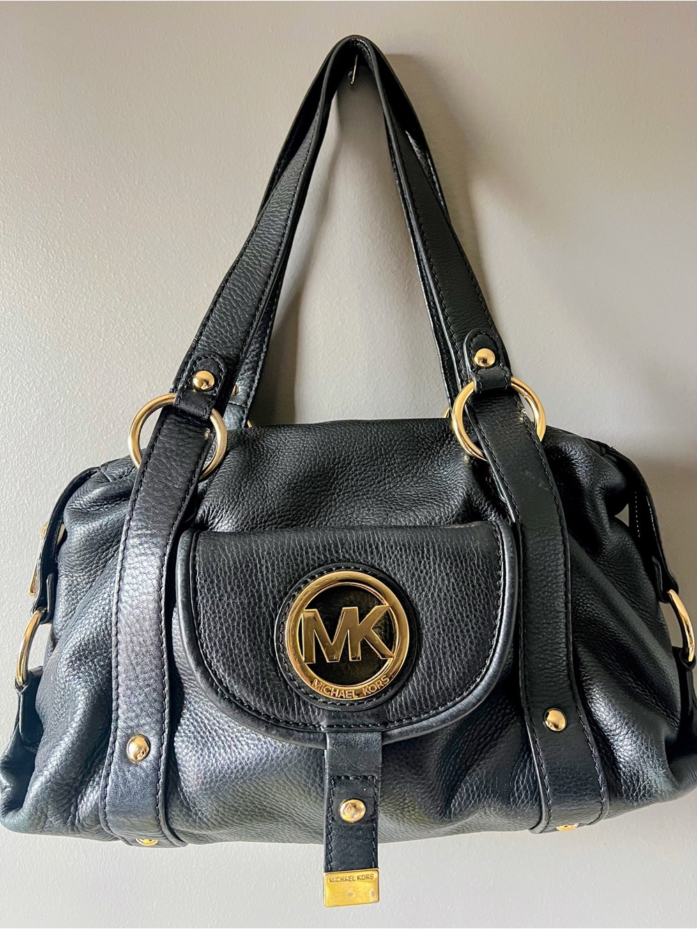 Michael Kors Black Leather Shoulder Bag with Gold MK Emblem